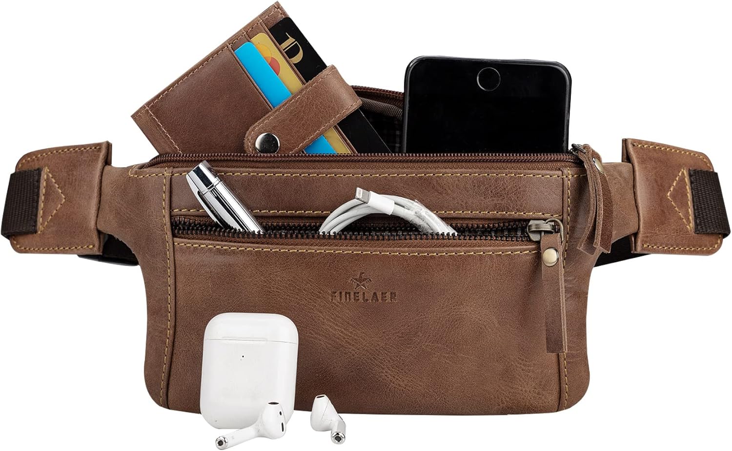 Finelaer Leather Waist Fanny Pack- Travel Bag for Men & Women (Almond)