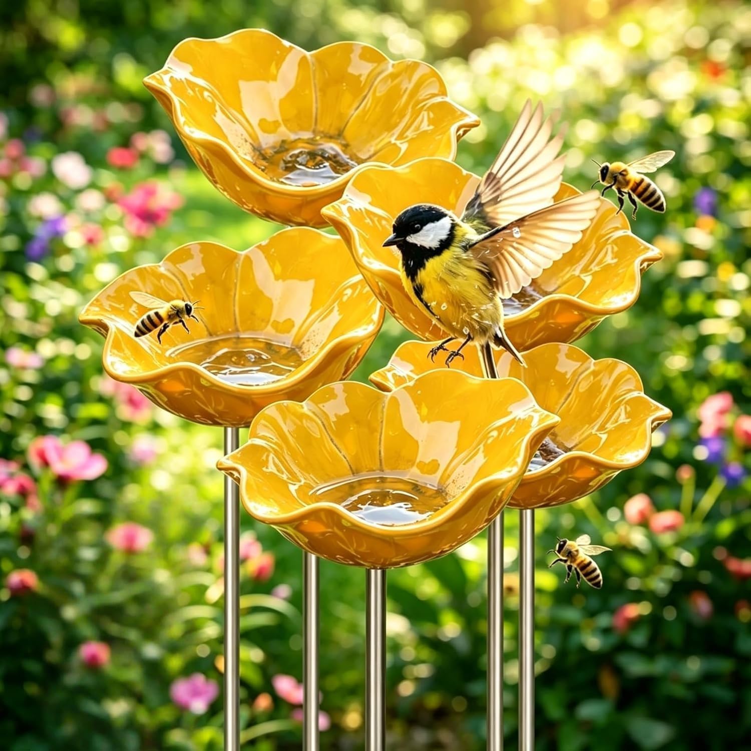 Handmade Metal Flower Garden Stakes, 3-in-1 Bird Bath Bee Watering Station, Butterfly Pollinator Water Feeder Bowl, Outdoor Yard Garden Decor Ornaments (5, Yellow)