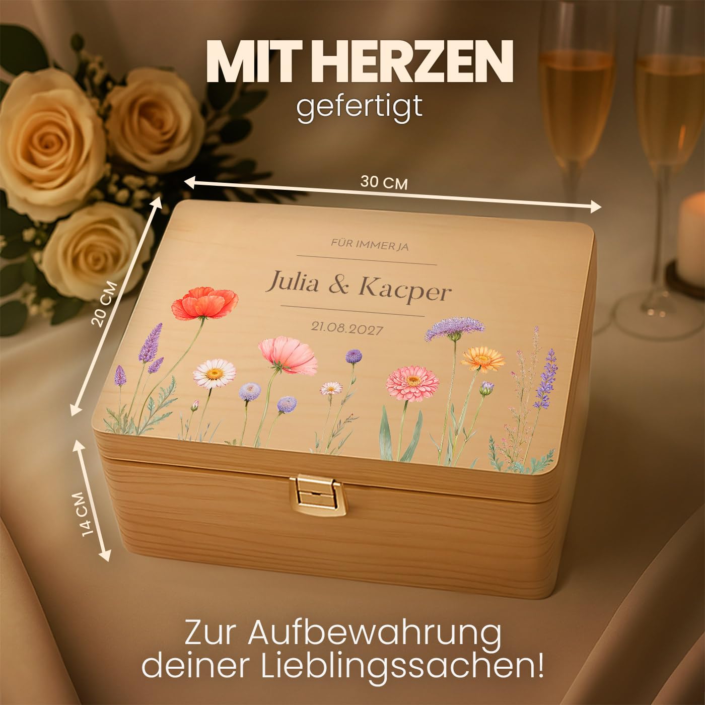 Maverton Erinnerungsbox mit Farbdruck - Aufbewahrungsbox mit Deckel - personalisierte Geschenke für Paar zur Hochzeit - Weihnachtsgeschenke - Hochzeitsgeschenke - aus Kiefernholz