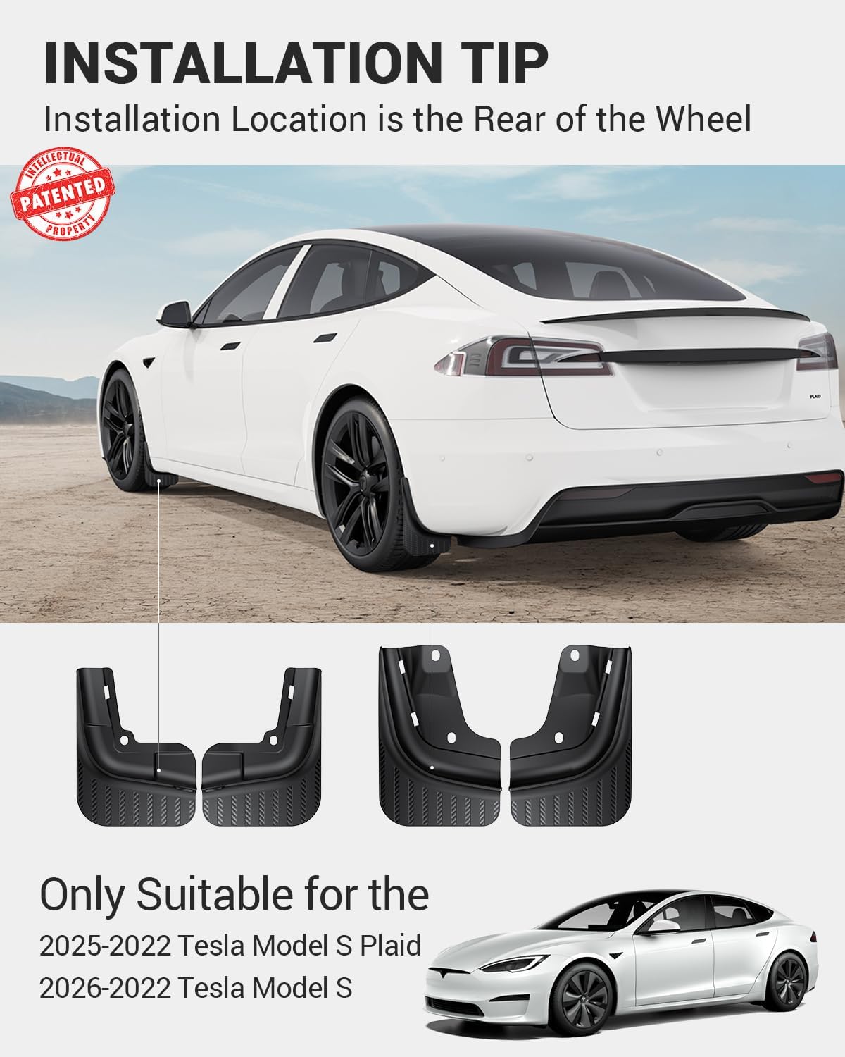 BASENOR 2021-2026 Tesla Model S 2021-2025 Model S Plaid Mud Flaps Splash Guards [No Drilling No Tape] [10X Stronger] All Weather Tire Protector Mudflaps for Model S Exterior Accessories