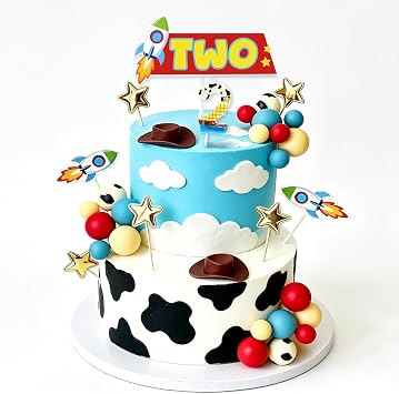 Cartoon Story Cake Toppers with 2nd Birthday Candle | Space Cowboy Cake Decorations with 2nd Candle Ball Toppers Cowboy Hats Rocket Toppers for Kids 2nd Birthday Party