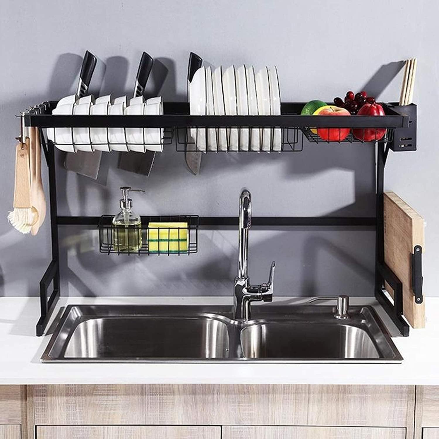 Somer Field - Over The Sink Dish Drying Rack (L 33.5 Inch - H 21 Inch), Stainless Steel Dish Drainer with Cutting Board Holder, Large Dish Rack for Kitchen Counter Organizer Space Saver
