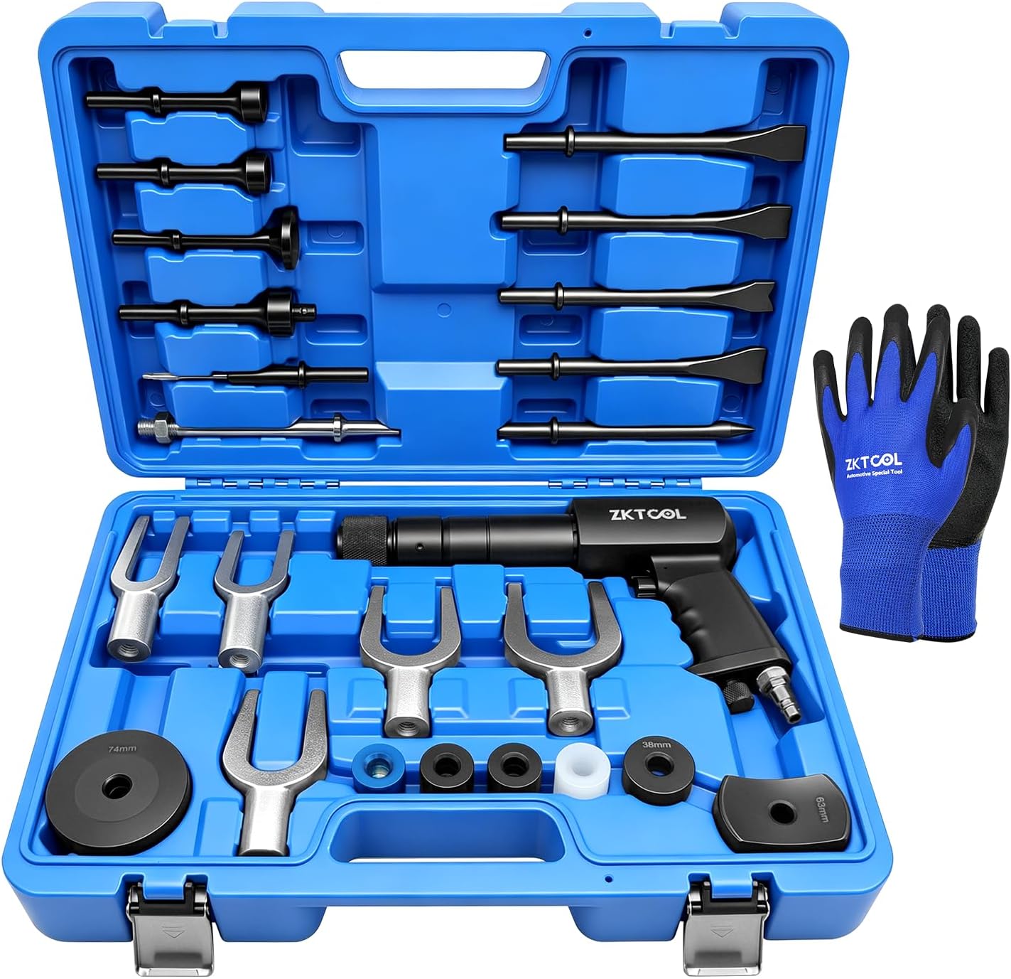 ZKTOOL 27PCS Air Hammer Kit, 2500BPM Pneumatic Hammers | Air Hammer Piece Chisel Kit, Quick Change Retainer Air Hammer with Shovel Heads & Ball Joint Separator-Carrying Case & Gloves