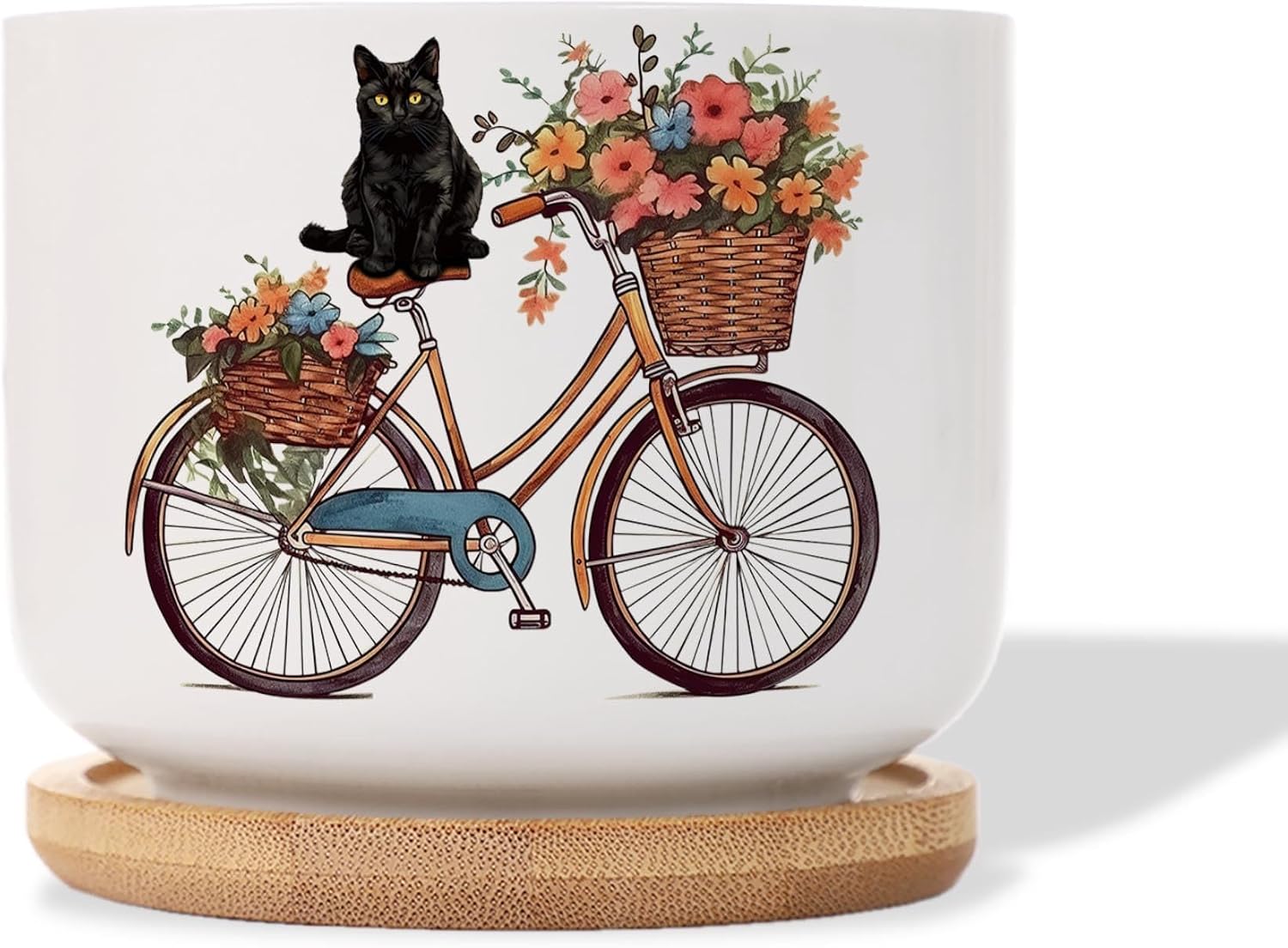 Black Cat on Bike Flowers Funny Gardening Ceramic Plant Pot, 3.54 x 2.67 Inches, Decorative Indoors Outdoors Plants Pot, Indoor Plants, Flowers, Cactus, Succulents Pot (04)