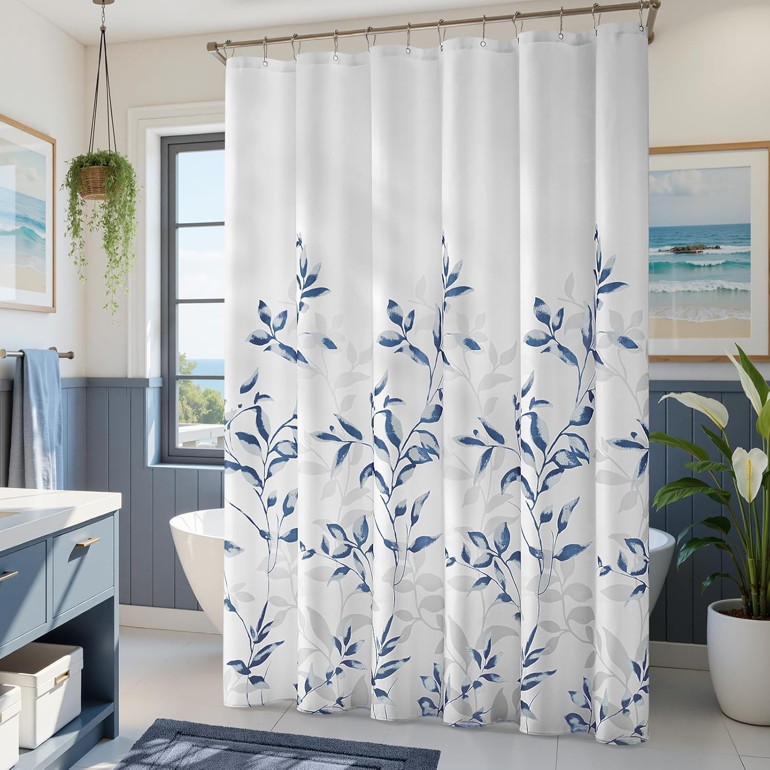 HOMEIDEAS Blue and White Heavy Duty Shower Curtain, Thick Shower Curtains for Bathroom with 12 Metal Hooks, Waterproof, Machine Washable, Modern Leaf Pattern, 72x78 Inch
