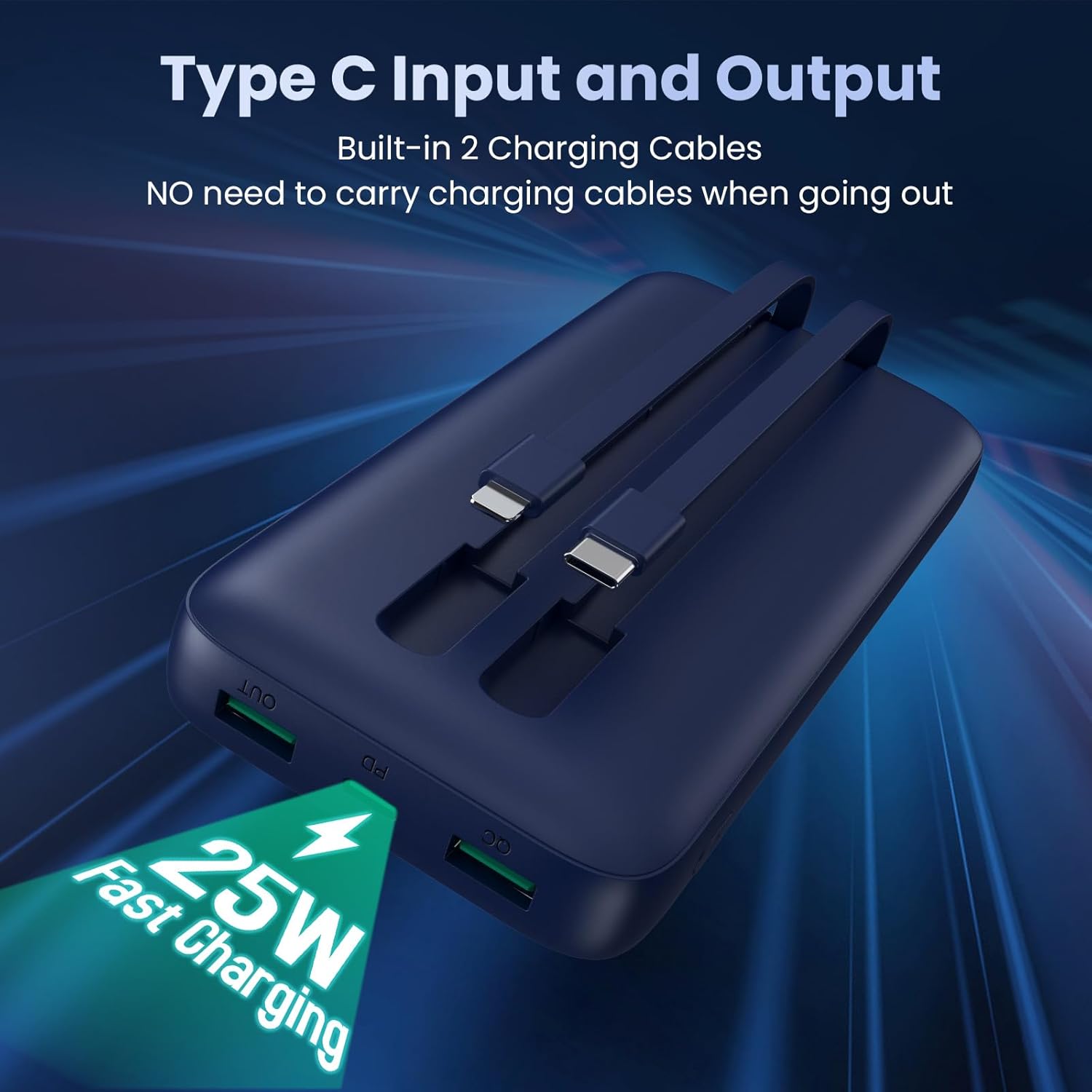 Pxwaxpy power bank showing built-in USB-C and iOS cables