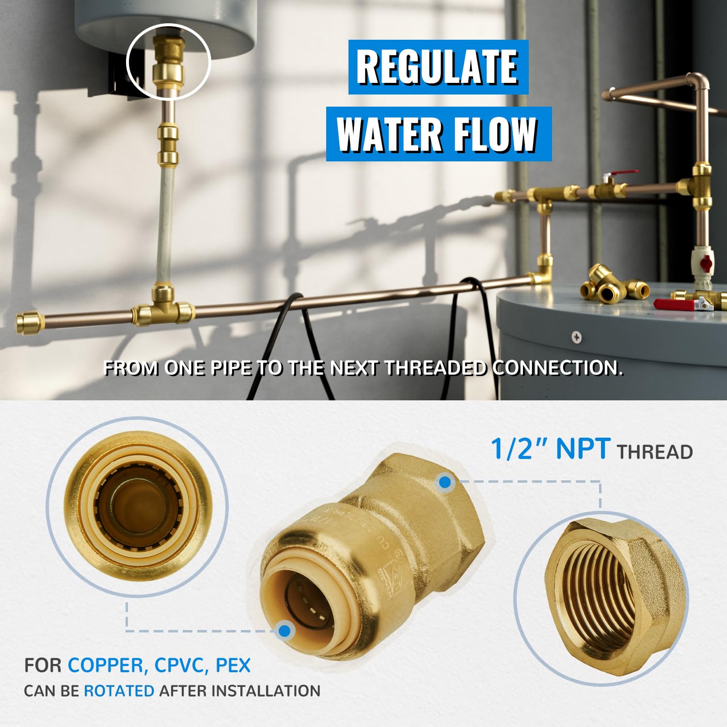 SUNGATOR 90 Degree Drop Ear Elbow, Push Fit Plumbing Fittings, Push-to- Connect, 1/2" Ptc X 1/2" NPT Female Adapter With Disconnect Clip, No Lead