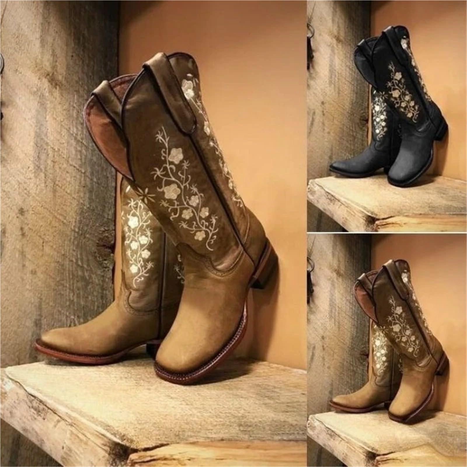 Stivali da Donna con Punta Tonda, Design retrò con Ricamo, Antiscivolo, Stivali da Donna a metà Gamba per Festa a Tema Concerto Country(Khaki,36)