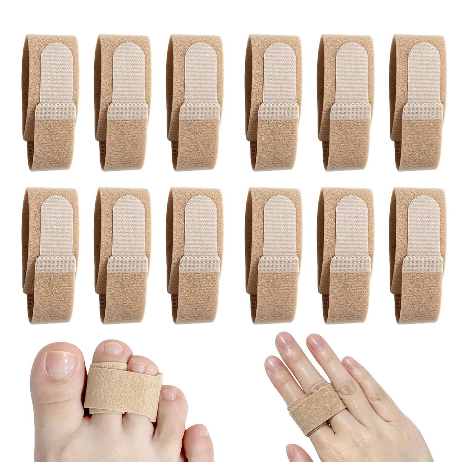 12 PCS Finger Buddy Wraps, Trigger Finger Splint & Loop Straps, Adjustable Support for Broken, Jammed, Swollen Fingers, Buddy Tape Brace for Index/Middle/Ring/Pinky & Toe (Beige)