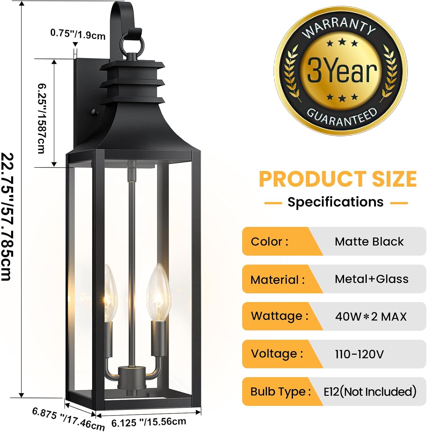 22" Large Outdoor Wall Lights, 2-Pack Black Porch Lights with Clear Glass, Waterproof Exterior Lighting Fixtures, E12 Socket Modern Farmhouse Wall Sconces Lantern for House Garage, Aluminum Frame