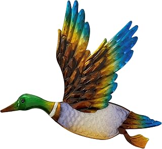 Creekwood Animal Glass/Metal Garden Wall Art Decoration, Duck Mallard, (W25.5 x H28.5 cm), Gold/Blue, 43187