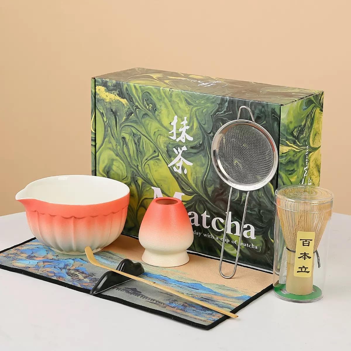 7-Piece Matcha Blender Set, Traditional Japanese Gradient Color Tea Ceremony Set, A Gift for Matcha Lovers (Gradient Pink)
