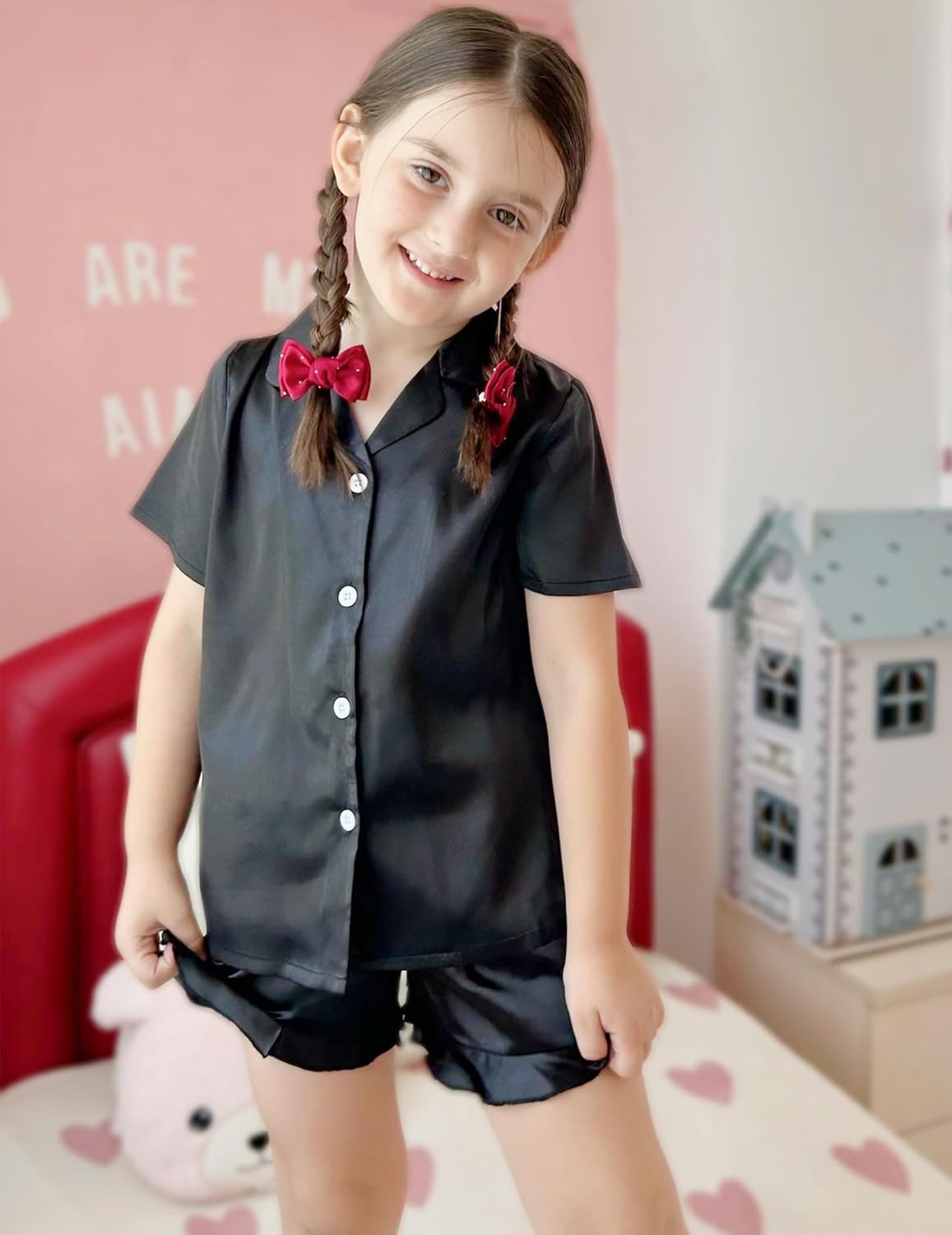 Arshiner Girls Pajamas Silk Satin Pajama Set 2 Piece Button Down Pjs Ruffle Sleepwear - Image 5