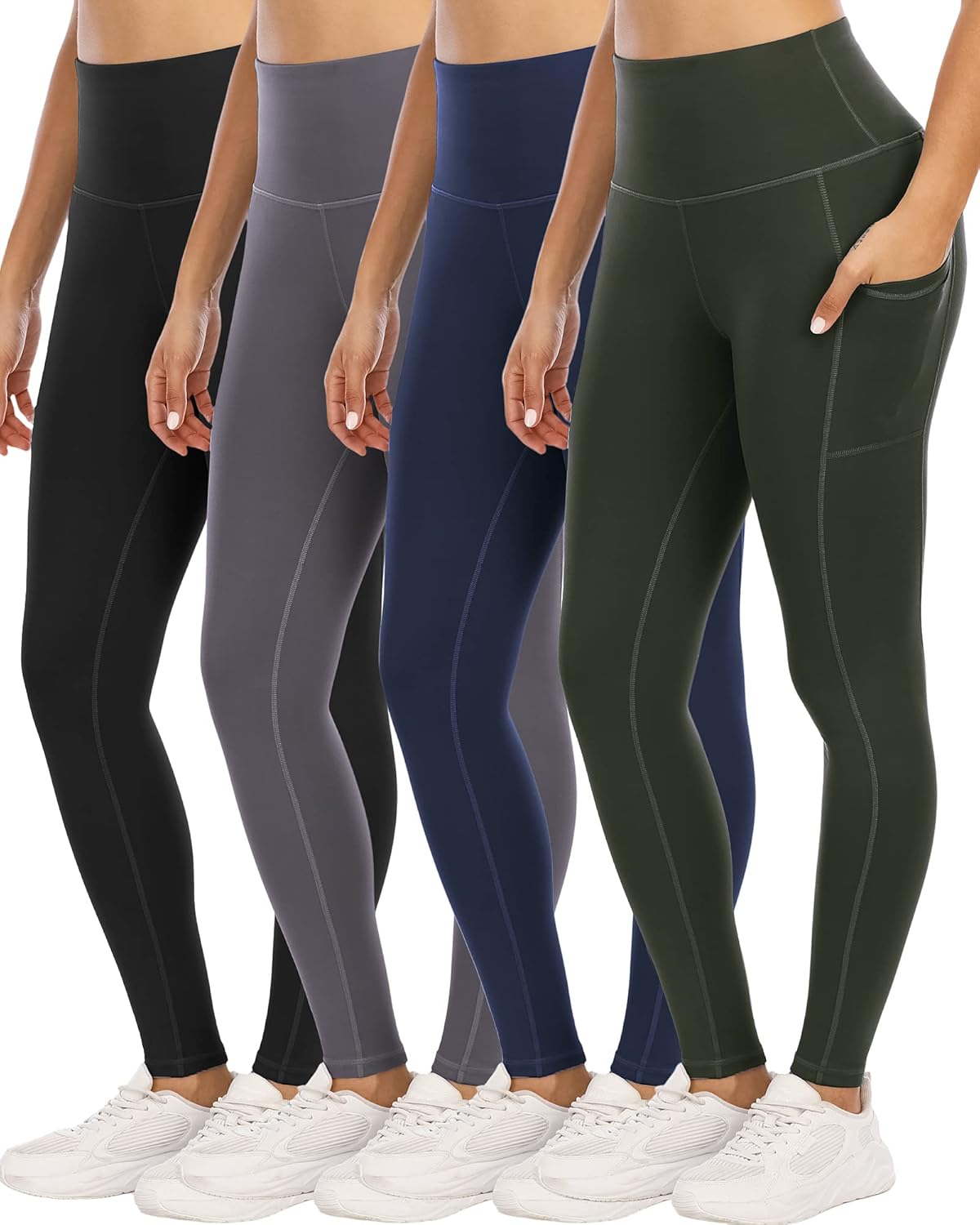 YOUNGCHARM - Paquete de 4leggings con bolsillos para mujer, con cintura alta y control de abdomen, pantalones deportivos de yoga