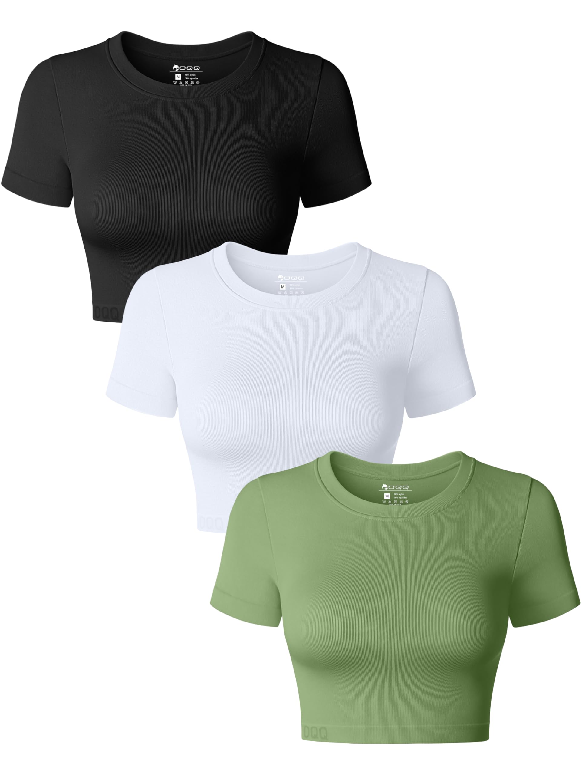 OQQ Women's 3 Piece Crop Tops Crew Neck Shorts Sleeve Stretch Fitted Shirts Crop Tops