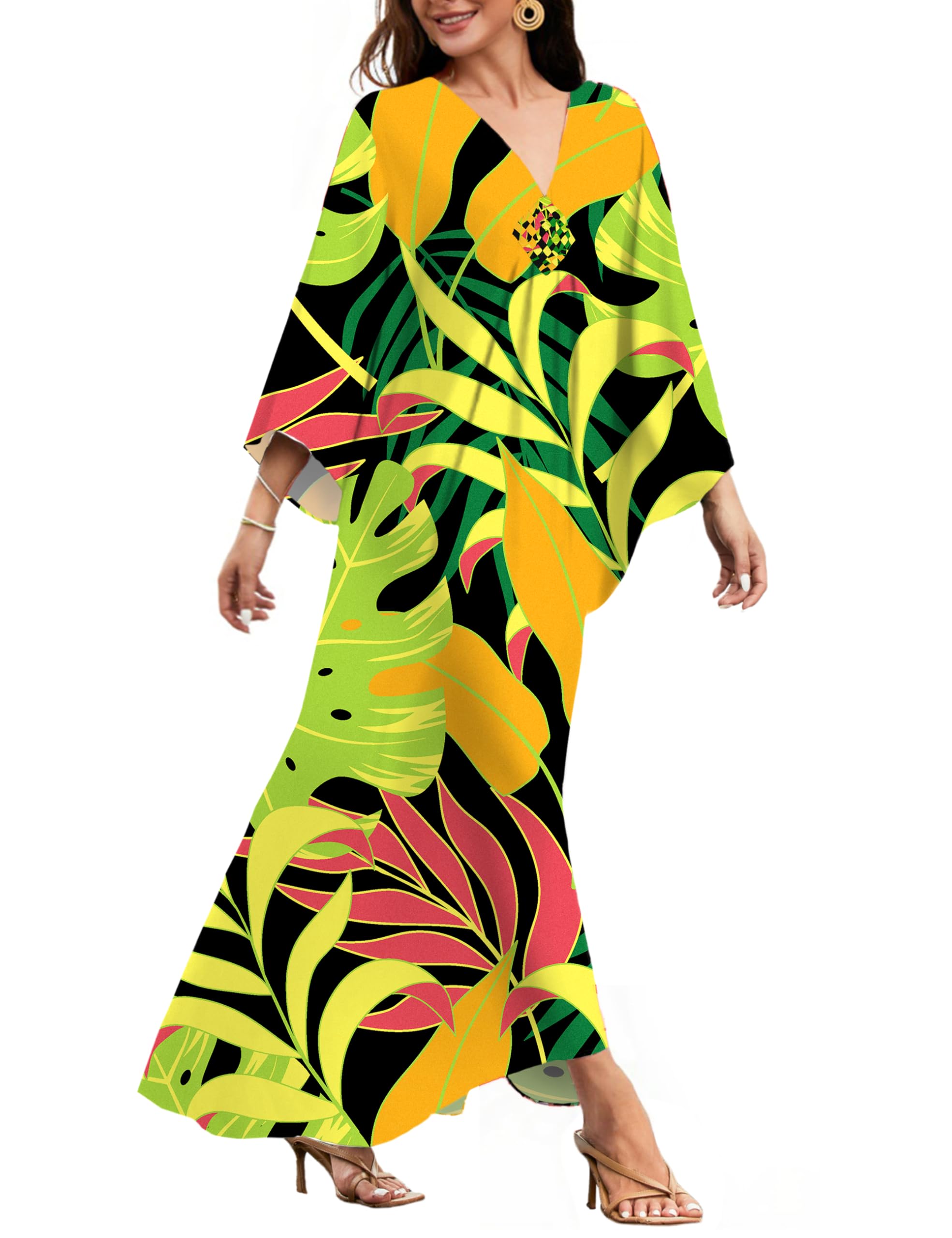 MAKABO Kaftan Dresses for Women V Neck Moo Moos Colorful Print Cover Ups | 100% Viscose Soft Skin Friendly, Breathable, Caftan Beach Dresses for Swimwear, Multi Pattern, Great Party Choice