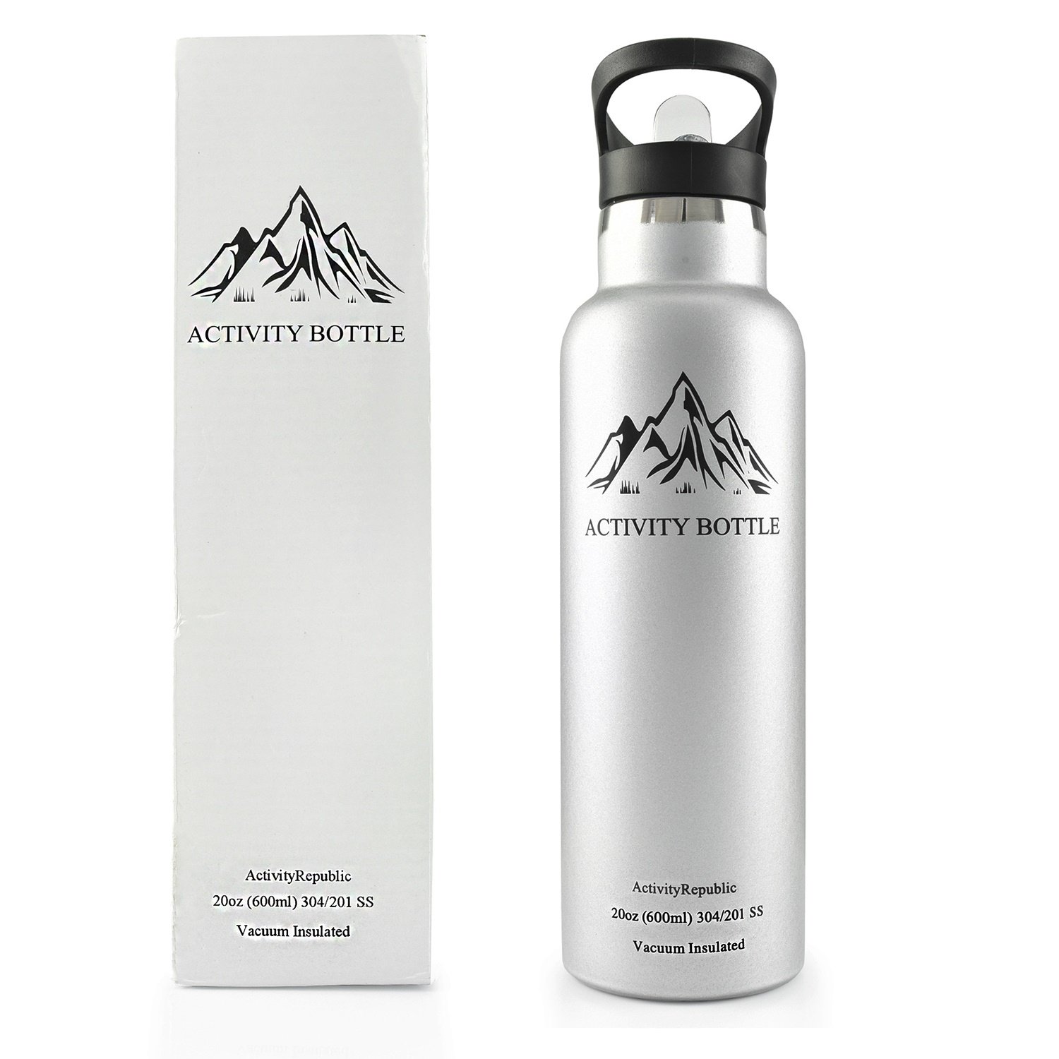 Best Gift Boxed Stainless Steel Water Bottle, by Activity Republic - 20oz / 600ml Double Wall Vacuum InsulatedThermos Drinks Container - Retractable Straw Lid - 100% Eco Friendly