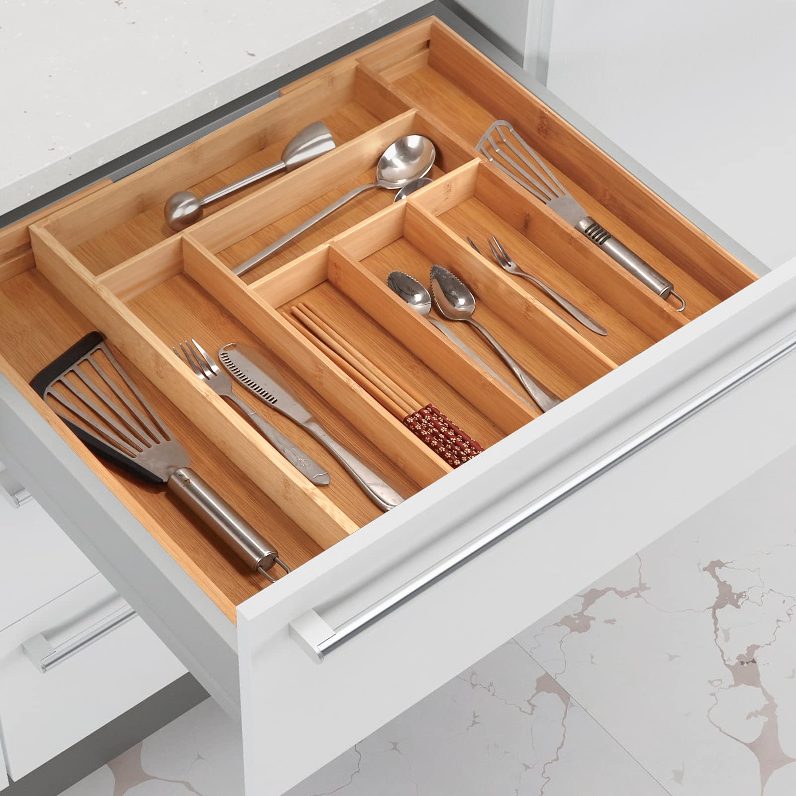 Portaposate da Cassetto in bambù, cassetto regolabile da 6 a 8 scomparti, organizer per posate e portaposate, organizer per utensili da cucina e posate