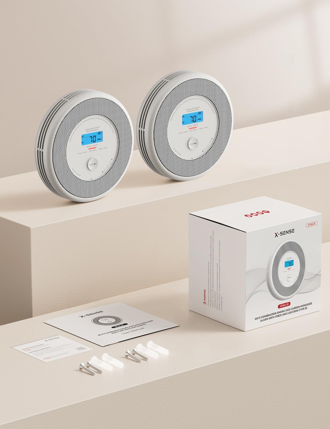 X-Sense Rilevatore di fumo e monossido di carbonio collegato con funzione di allarme vocale in francese, rilevatore di fumo Wi-FI compatibile con X-Sense Home Security App, XP0A-iR, confezione da 2