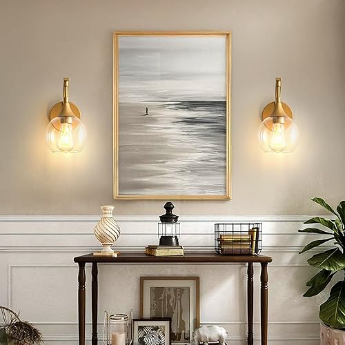 Miniatura 5 de Aplique de pared dorado, 1 luz de tocador de baño, lámpara de pared moderna con pantalla de vidrio transparente de 4.9 pulgadas, lámparas de pared