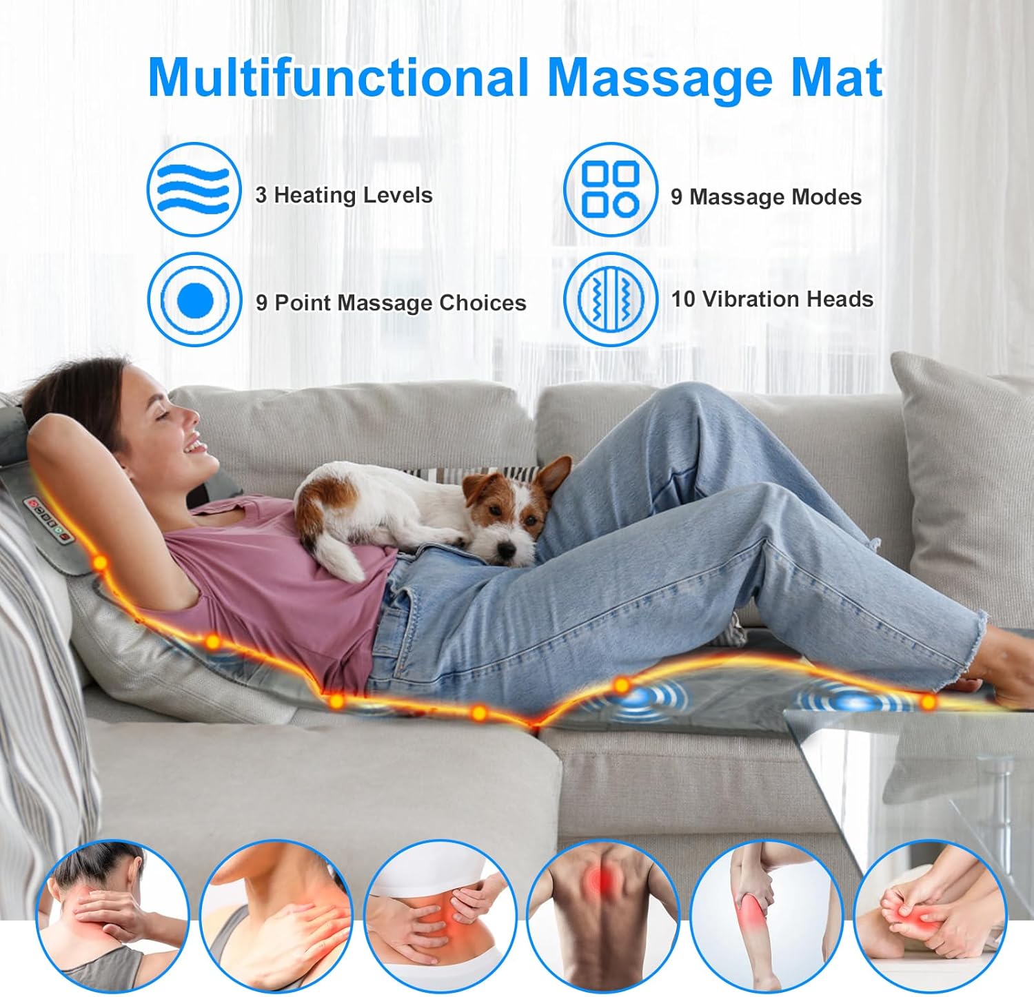 Full Body Massage Mat with Heat & Neck Lumbar Massager Pillow,Multifunctional Back Heated Mattress Pad with 10 Vibration Motors, 3 Heating Pads & 9 Massage Modes, for Neck Back Leg Pain Relief
