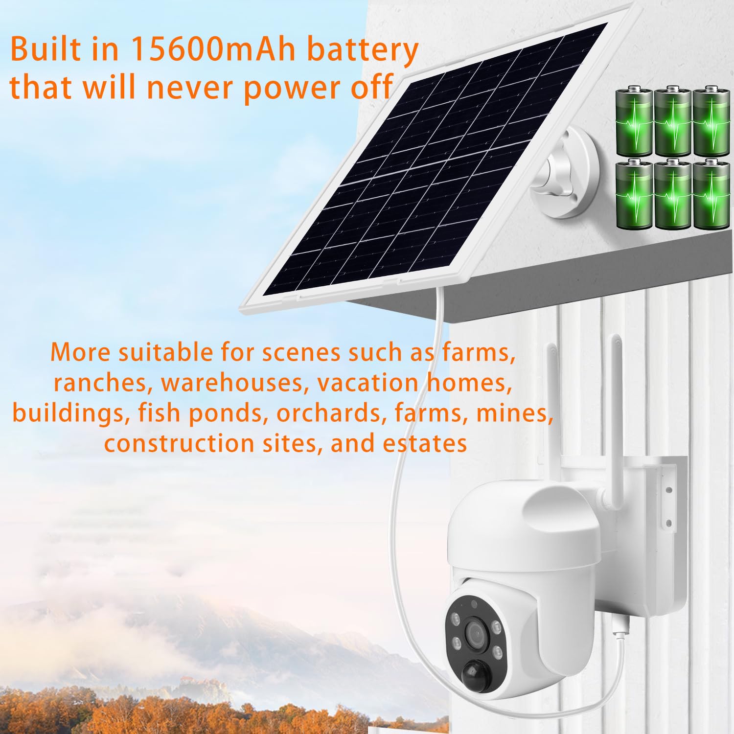 Panneau solaire 9W/5V avec batterie rechargeable intégrée de 15600mAh,avec câble de charge 3 en 1 de 1.5m (micro USB,Type-C et connecteur DC3,5x1,35) pour caméras de sécurité et autres appareils