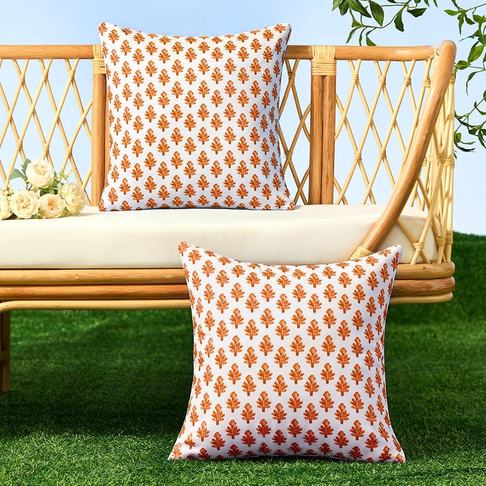 Outdoor Pillow Covers 18x18 Set of 2 Boho Orange Floral Accent Print Decorative Throw Pillow Cases for Outdoor Waterproof Patio Furniture Garden Porch Sofa Bed Cushion Covers Home Decor JB005-I18 image 4