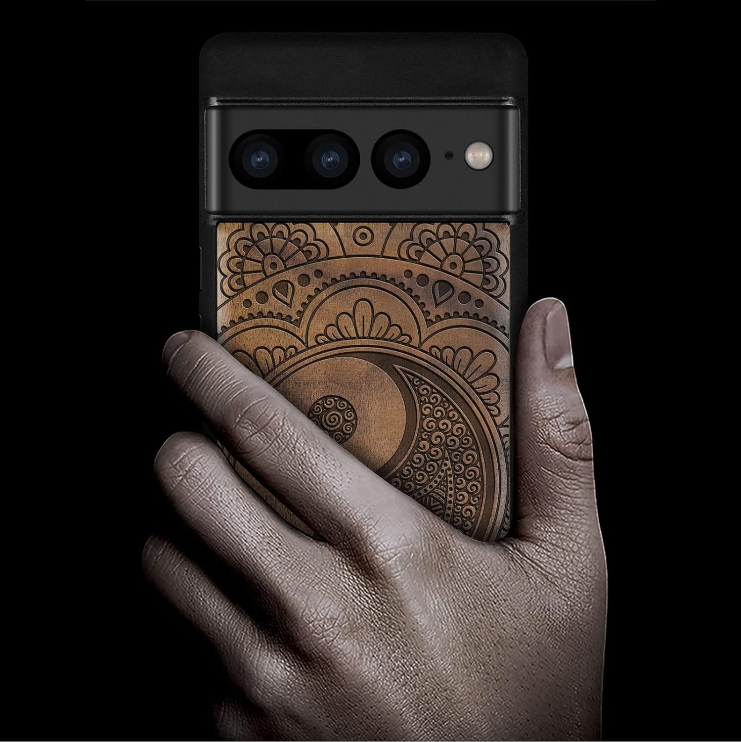 Carveit Wood Case for Pixel 7 Pro Case [Natural Wood & Black Soft TPU] Shockproof Protective Unique Wooden Cover Compatible with Google Pixel 7 Pro (Yin-Yang Mandala-Walnut)