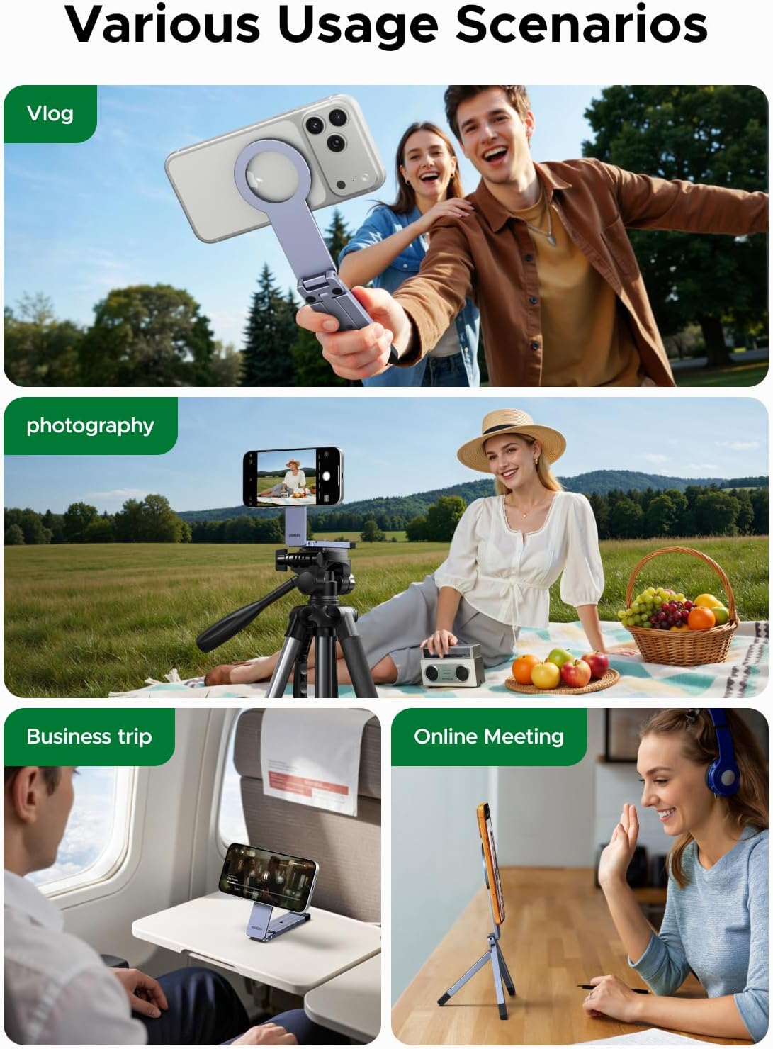 UGREEN for Magsafe Tripod 360° Rotating Adjustable Magnetic Phone Stand for 1/4'' Screw Port Compatibility with iPhone 17 16 15 14 13 12 Pro Max Air, Cell Phone StandTravel Essentials Accessories