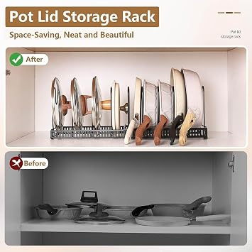 Pot Rack, Expandable Pan Pot Lid Holder for Kitchen Cabinet, Pot Rack with 10 Adjustable Compartment, Kitchen Cabinet Cookware Baking Frying Rack, Kitchen Cabinet Organizer Holder for Cutting Board