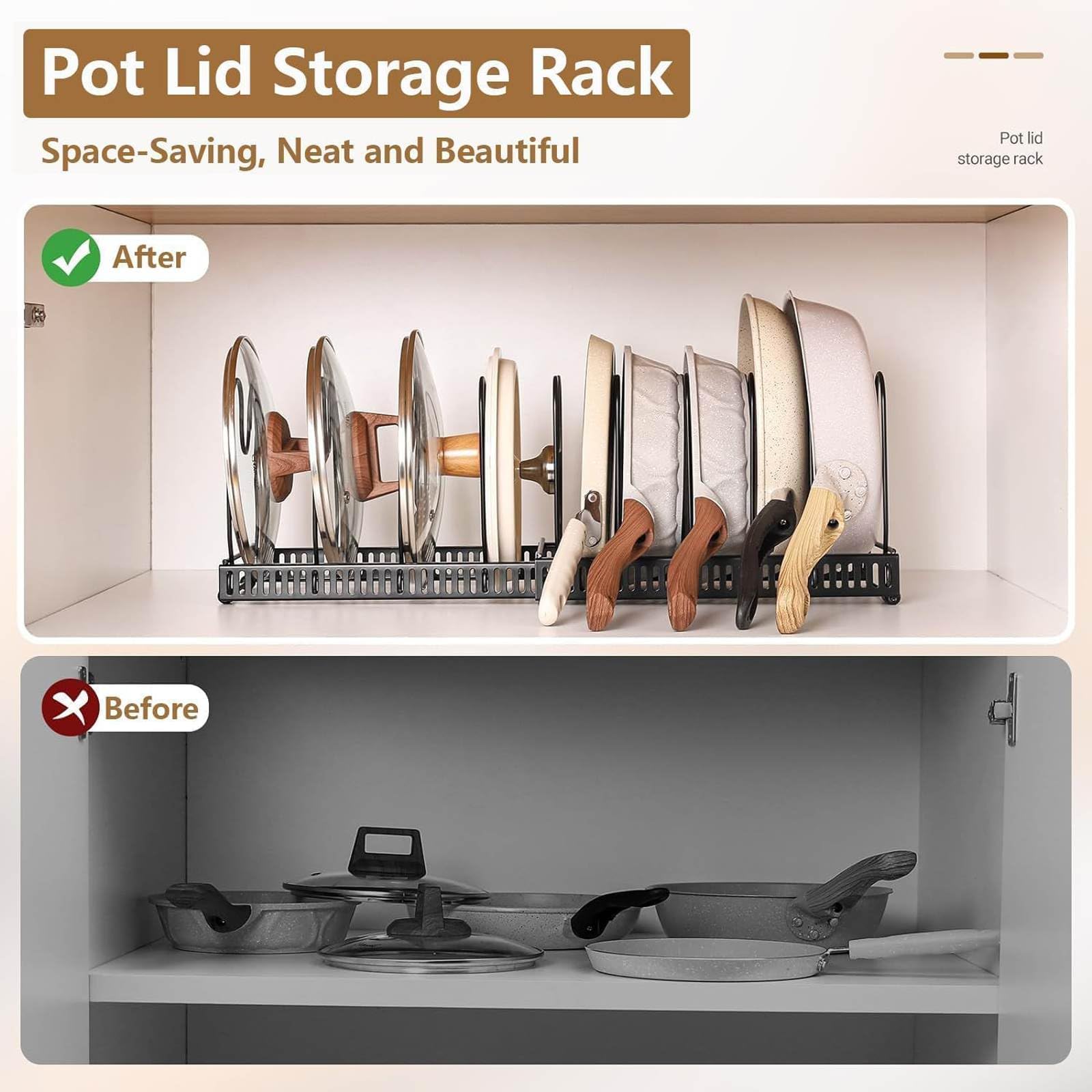 Topfregal, erweiterbarer Topfdeckelhalter für Küchenschrank, Topfregal mit 10 verstellbaren Fächern, Küchenschrank, Kochgeschirr, Backen, Bratregal, Küchenschrank-Organizer-Halter für Schneidebrett