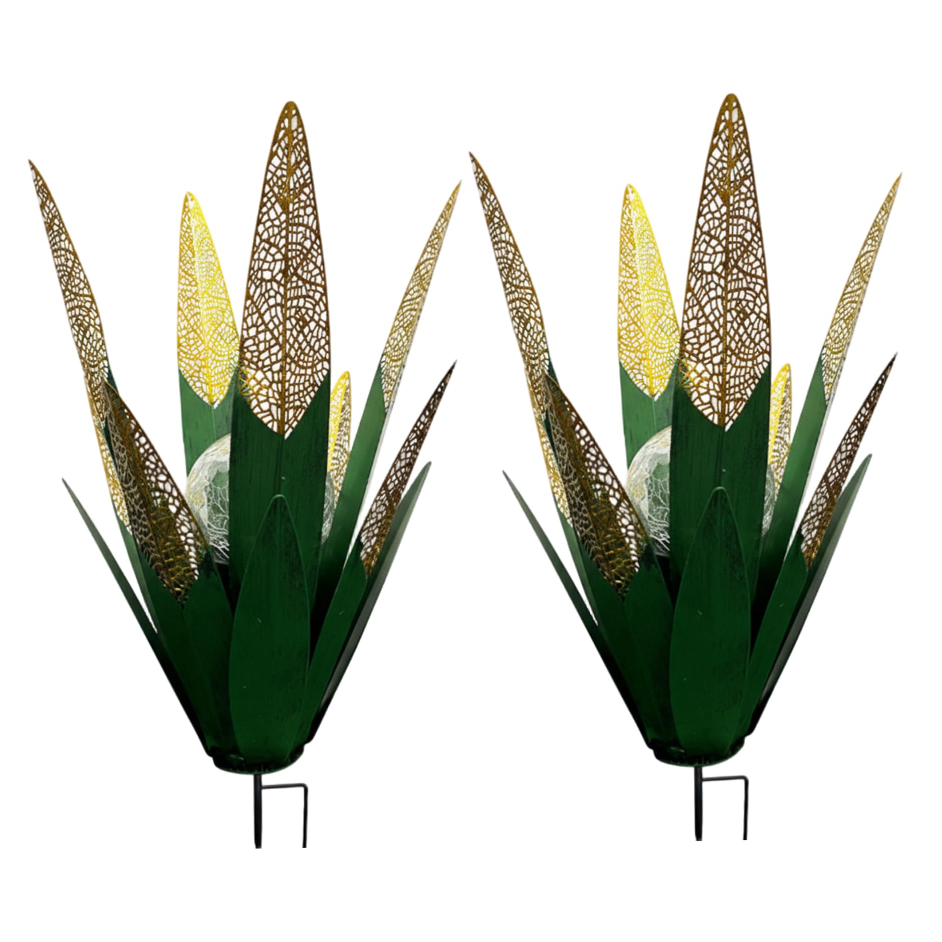 Faroby Metal Agave Plants Outdoor Decor, 2PCS Solar Garden Lights, LED Light Metal Agave Garden Art, Plant Yard Decorations, Green