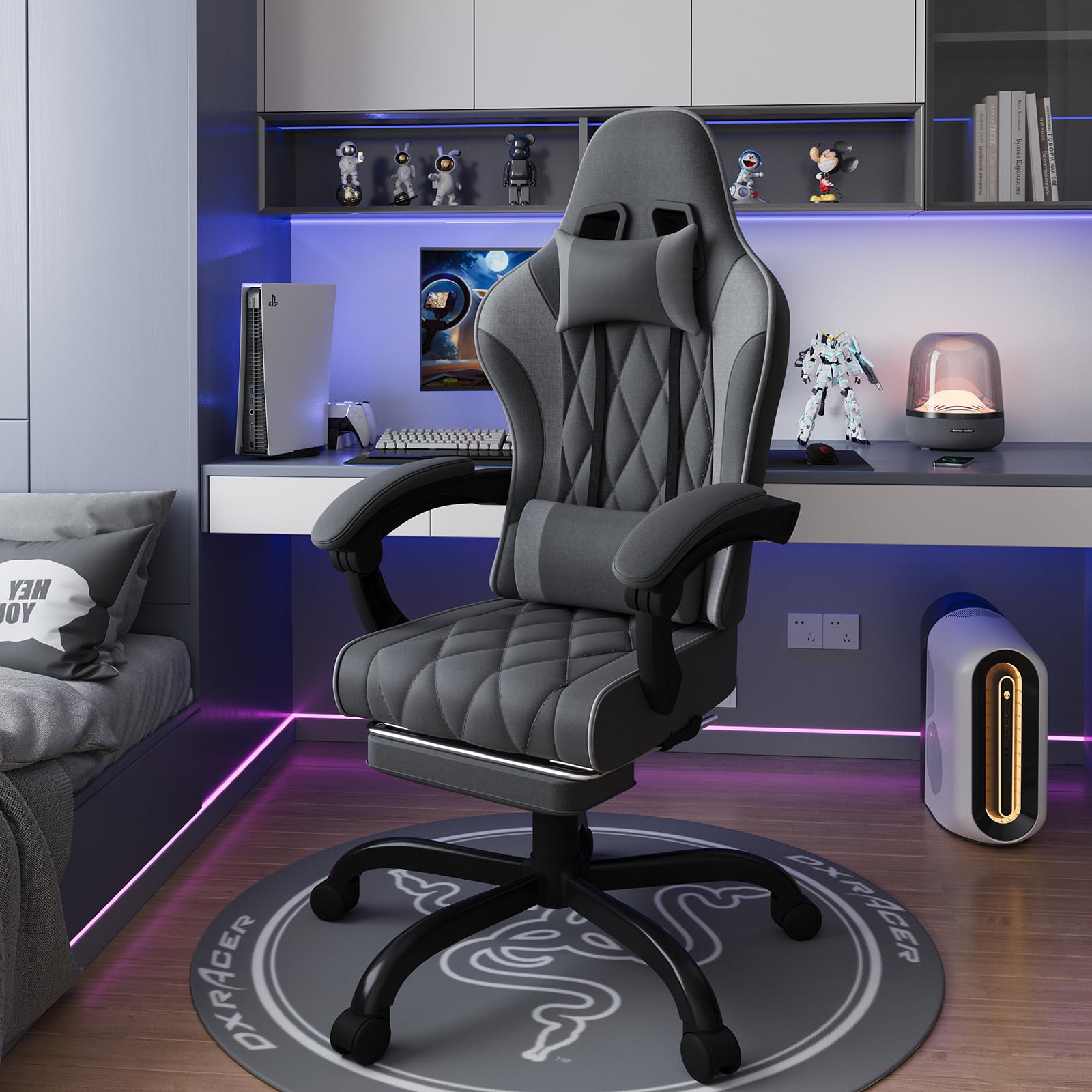 JUMMICO Sedia gaming in tessuto con imbottitura a molla, Sedie ufficio ergonomica con massaggiatore, sedia da gaming con poggiatesta, poggiapiedi, regolabile in altezza, portata 150 kg, Grigio Scuro