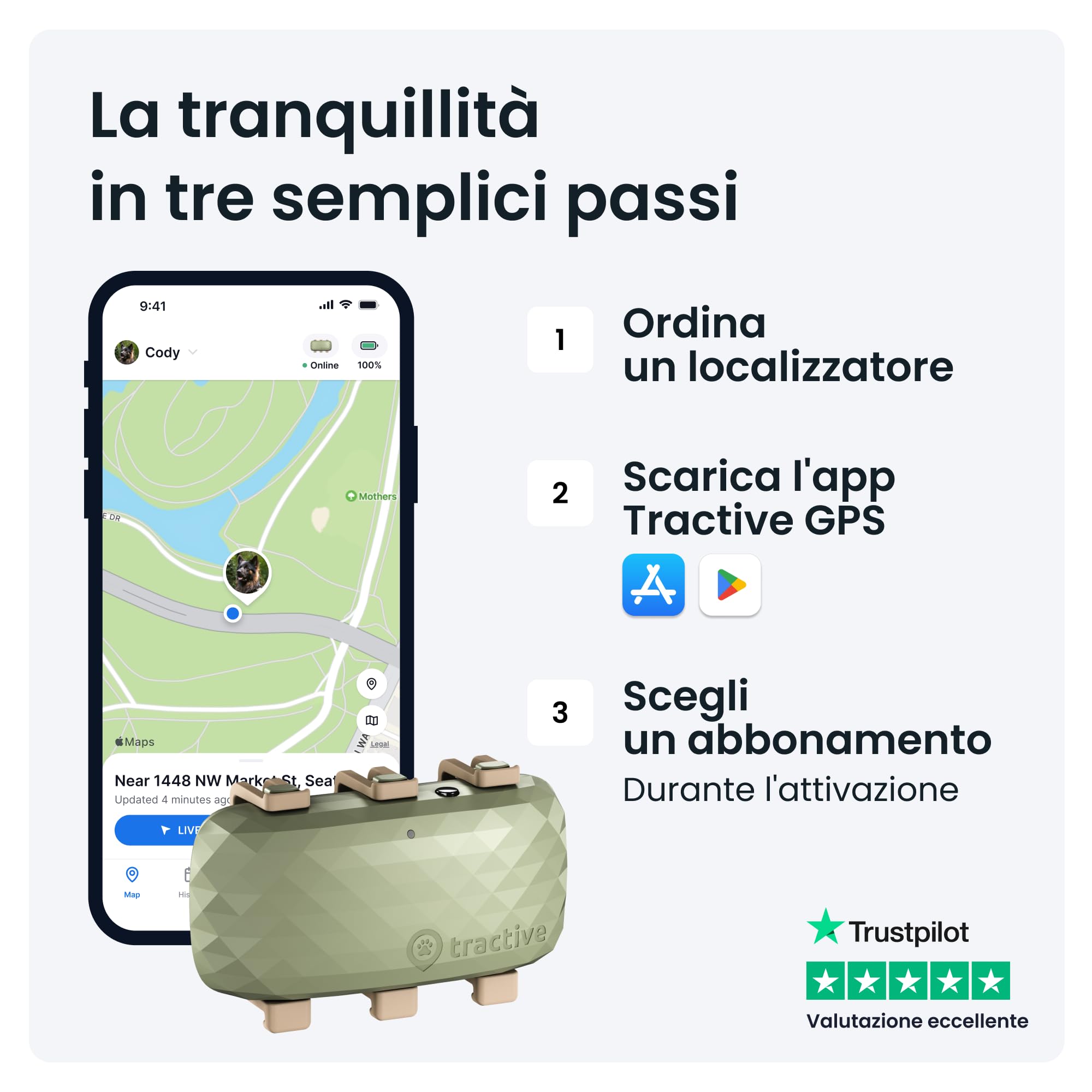 Tractive - GPS per cani XL - Fino a 1 mese di autonomia - Localizzazione in tempo reale in tutto il mondo - Notifiche antifuga - Monitoraggio dell'attività con avvisi di salute