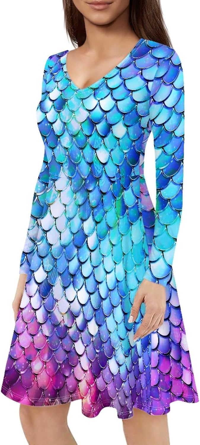Forchrinse Galaxy Blue Space Womens Long Sleeve Swing Shift Dress V Neck Tunic Dress Elegant Party Club Midi Dresses