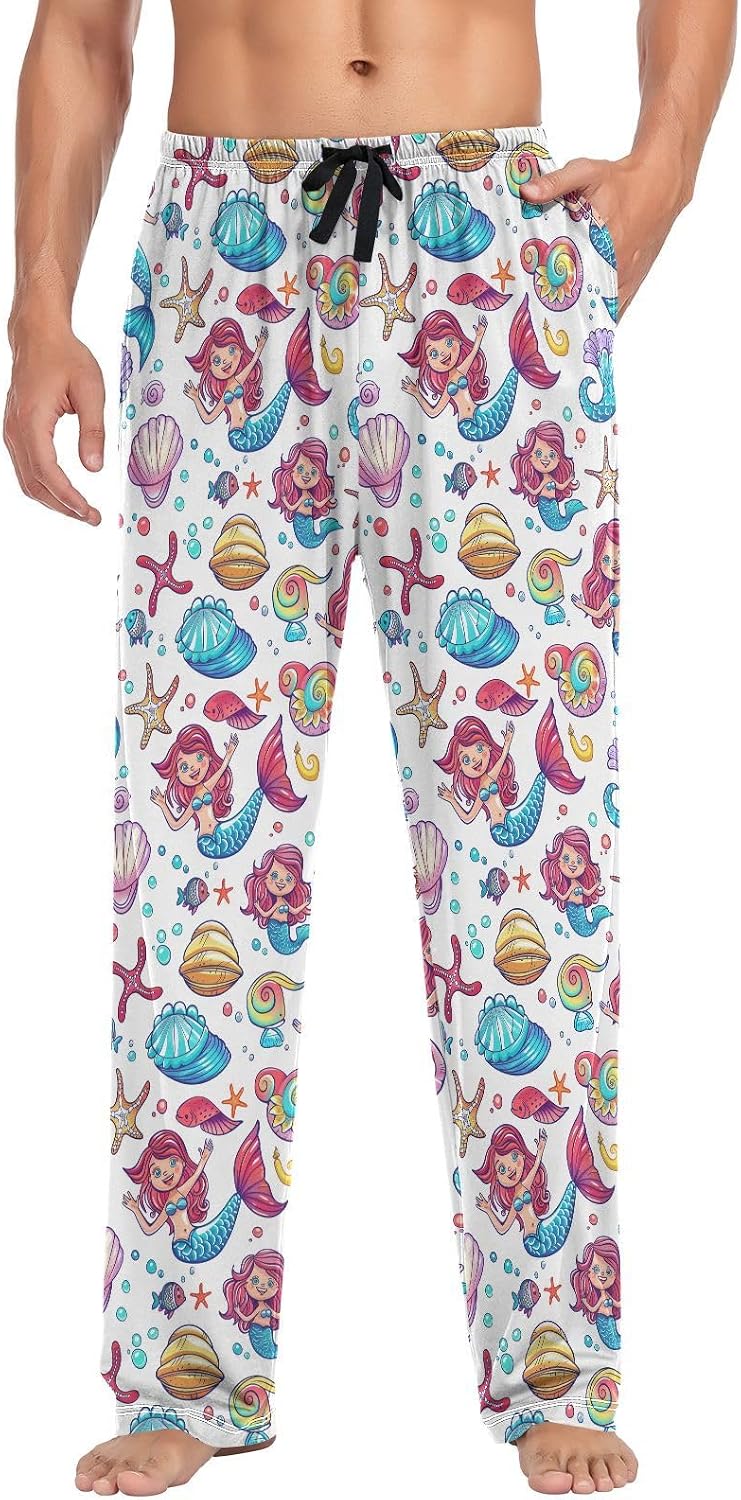 ALAZA Mermaid Shell Starfish Men's Sleepwear Mens Pajama Pants Bottoms with Pockets, S
