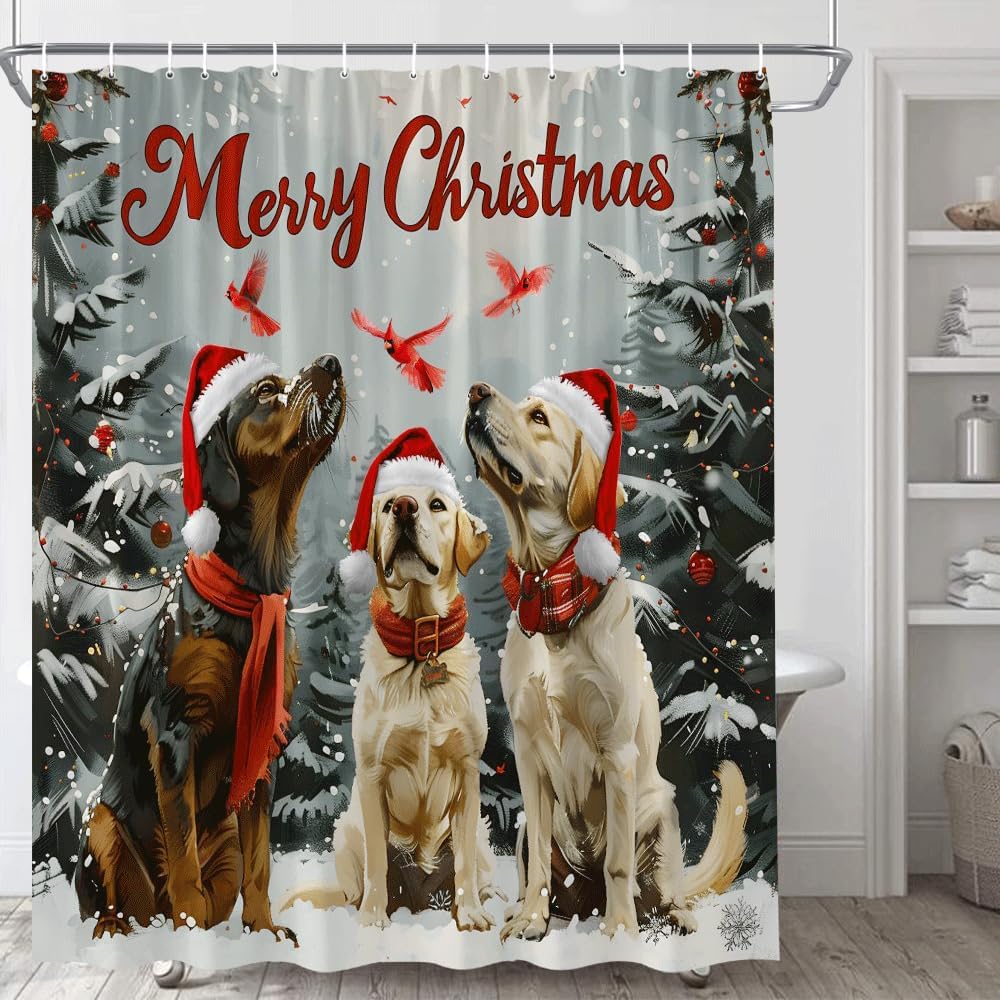 Christmas Dog Shower Curtain Winter Grey Forest Snowflake Xmas Tree Red Birds Farmhouse Puppy with Santa Hat Animal Pet Winter Holiday Festival Teens Polyester Fabric Bathroom Curtain with Hooks