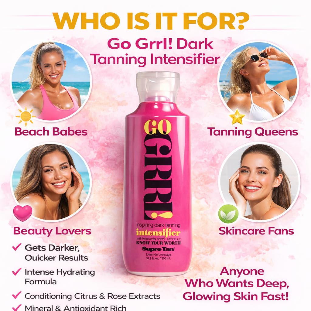 Supre Tan Go Grrl! Inspiring Tanning Bed Lotion, Dark Tan Intensifier, Indoor & Outdoor Accelerator with Tyrosine, Aloe & Shea Butter, Paraben Free, Odor Shield, 10.1 fl oz Supre Tan Go Girl!