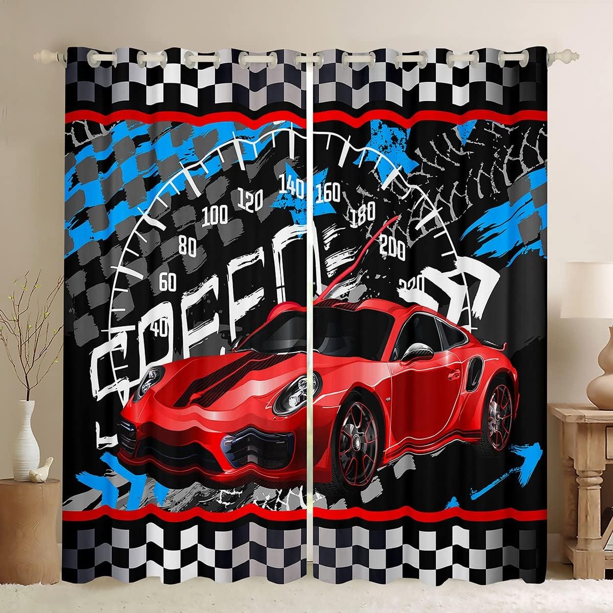 Feelyou Boys Race Car Window Drapes Cool Race Sports Car Set Curtains Kids Room Decor Boys Sports Theme Window Curtains Bedroom Living Room Checkered Window Treatments Red 38W X 45L，2 Panels