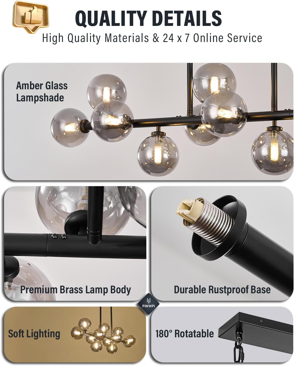 Modern Chandeliers for Dining Room Kitchen Island, 55" Long Large Linear Sputnik Globe Chandelier, 16-Light Mid Century Modern Light Fixture Over Table, Black and Smoke Grey Bubble, GC-08