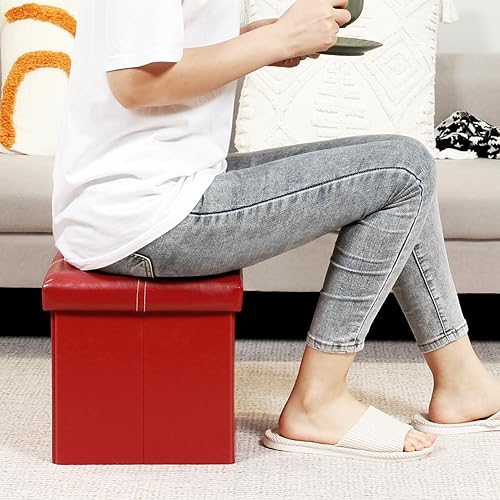 Miniatura 12 de B FSOBEIIALEO Cubo otomano plegable de almacenamiento, reposapiés de piel sintética, mesa de café, 11.8 x 11.8 x 11.8 pulgadas Marrón,Negro