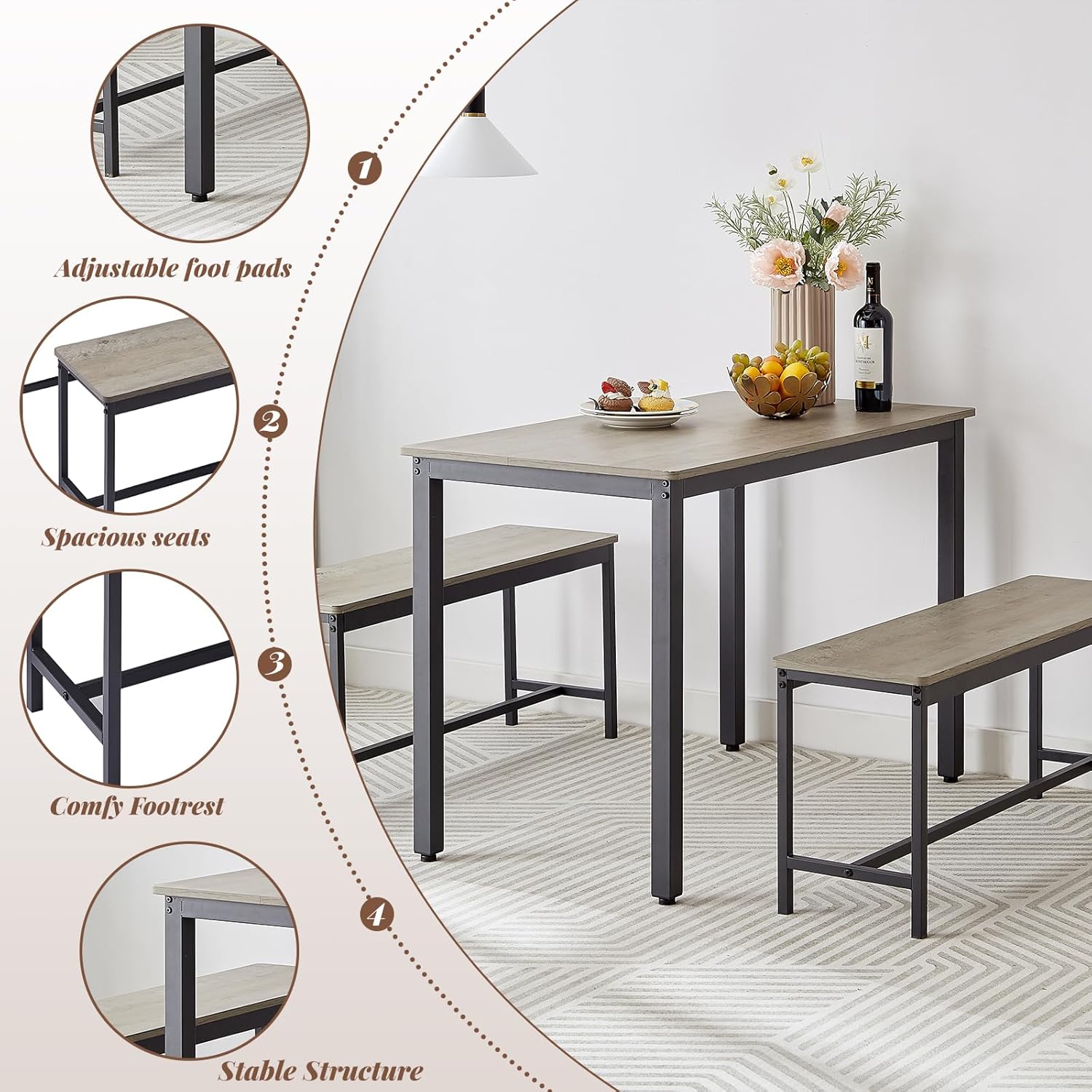 Industrial Counter Height Table Set with 2 Benches – 30" Tall 3-Piece Breakfast Bar Table Set, Seats Up to 4, Space-Saving Dining Set for Apartment or Small Spaces, Gray