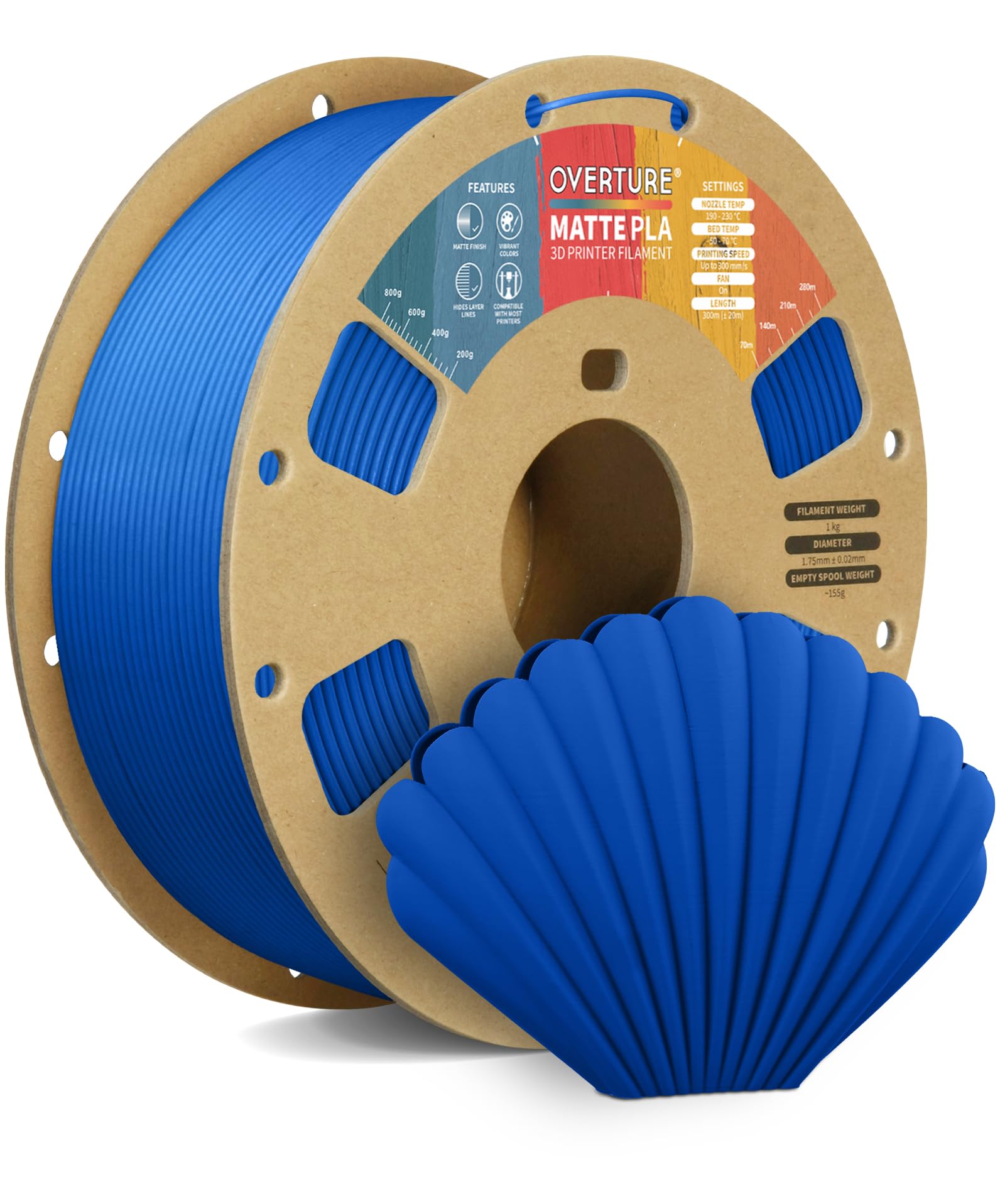 OVERTURE Matte PLA Filamento 1,75 mm Blu 1kg Naturale matt | Opaco PLA • Neatly Wound • Finitura Opaca • Profondo • Precisione Dimensionale±0,02 mm • per Stampante 3D FDM