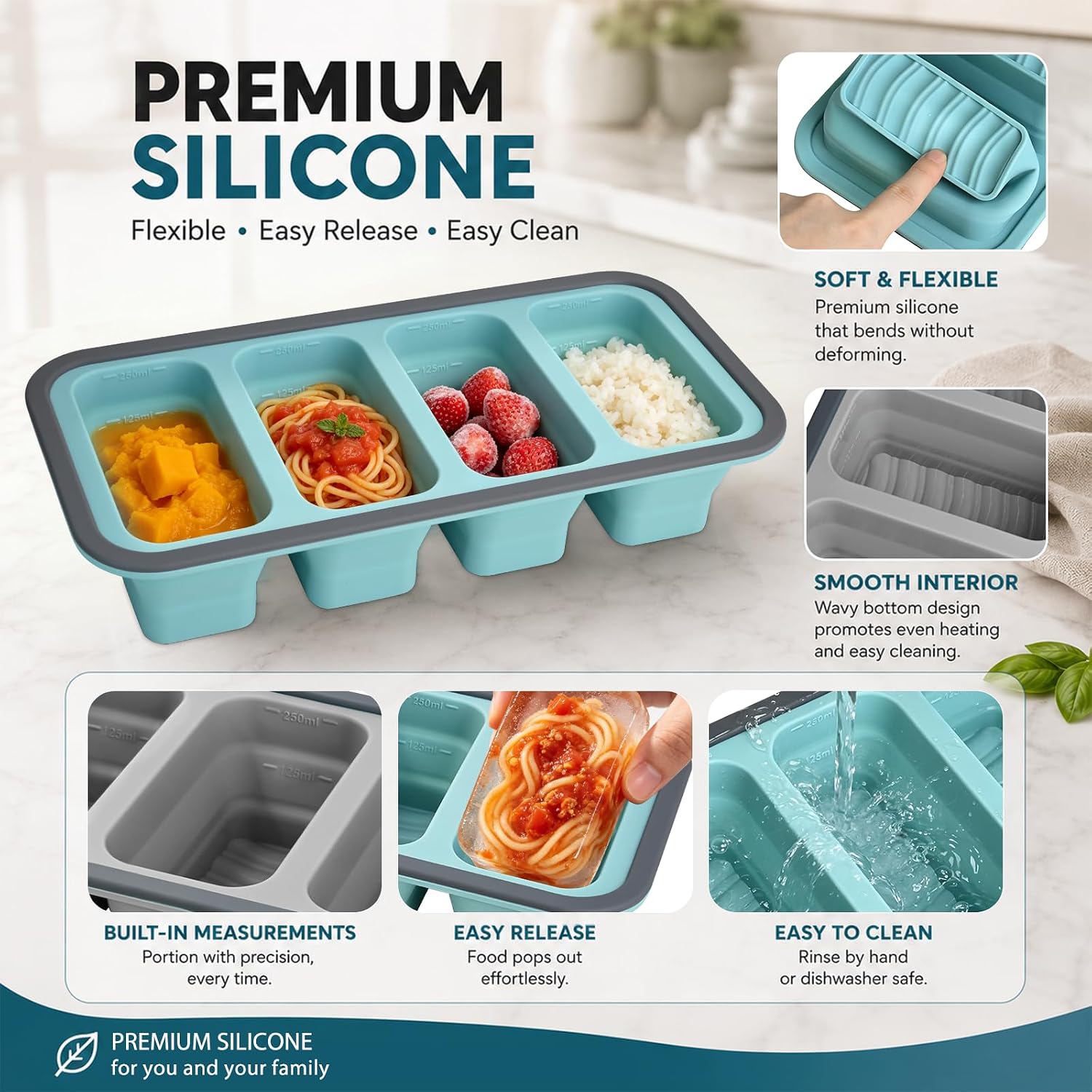 4-Compartment Foldable Silicone Soup Freezer Containers with Lids - 2 Pack