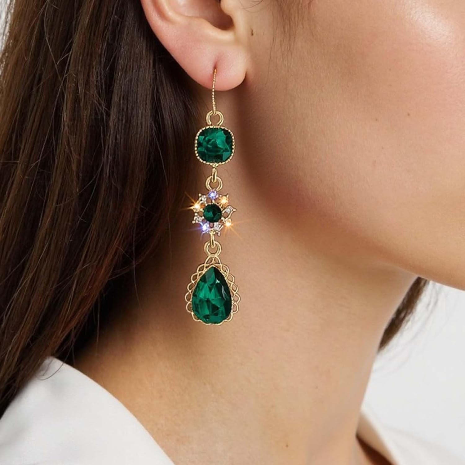 Vintage Emerald Green Crystal Earrings Gold Teardrop Emerald Earring Wedding Long Crystal Earring Cz Droplet Earrings Green Chandelier Drop Earrings Jewelry for Women - Image 7