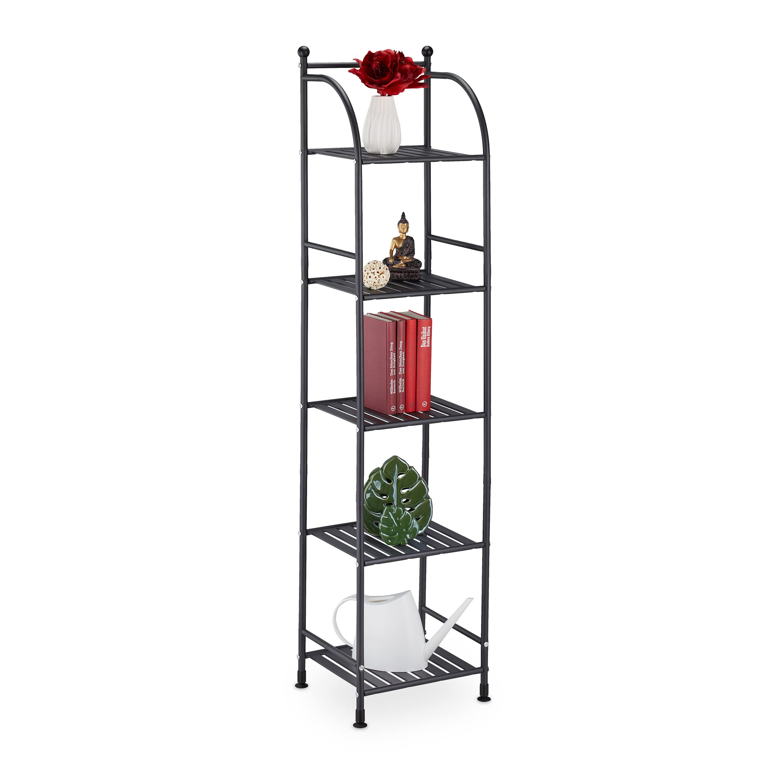 Relaxdays Estantería Metálica, Acero, 145x33x28 cm, Estante Baño y Cocina, 5 Baldas, Librería Metal, sin Fondo, Negro