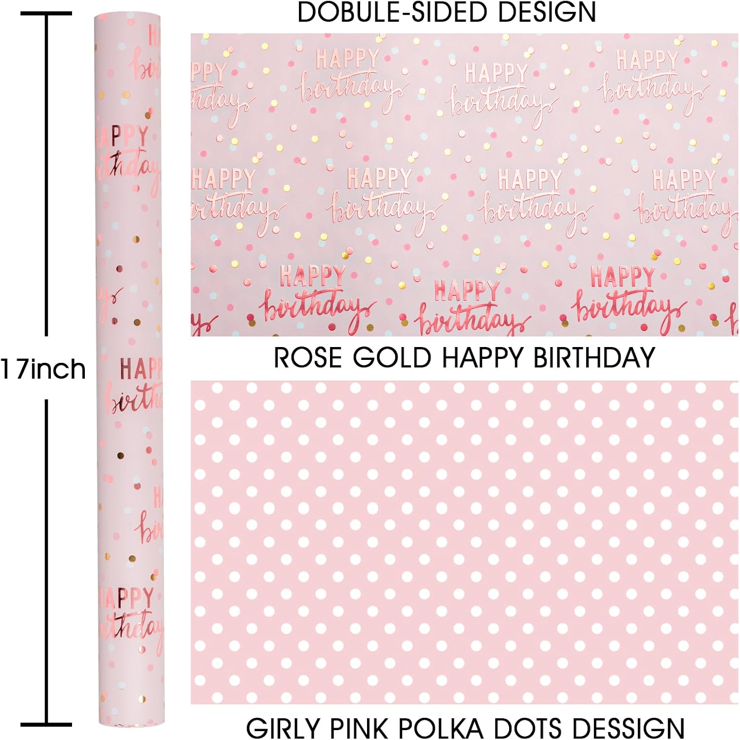 MAYPLUSS Reversible Pink Birthday Wrapping Paper Roll, Girl