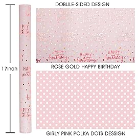 MAYPLUSS Reversible Pink Birthday Wrapping Paper Roll, Girl Gift Wrapping Paper, Metallic Foil Happy Birthday Pattern Girly Gift Wrap for Gift Packaging, Women Party, Celebrations (17 Inch x 33 Feet)