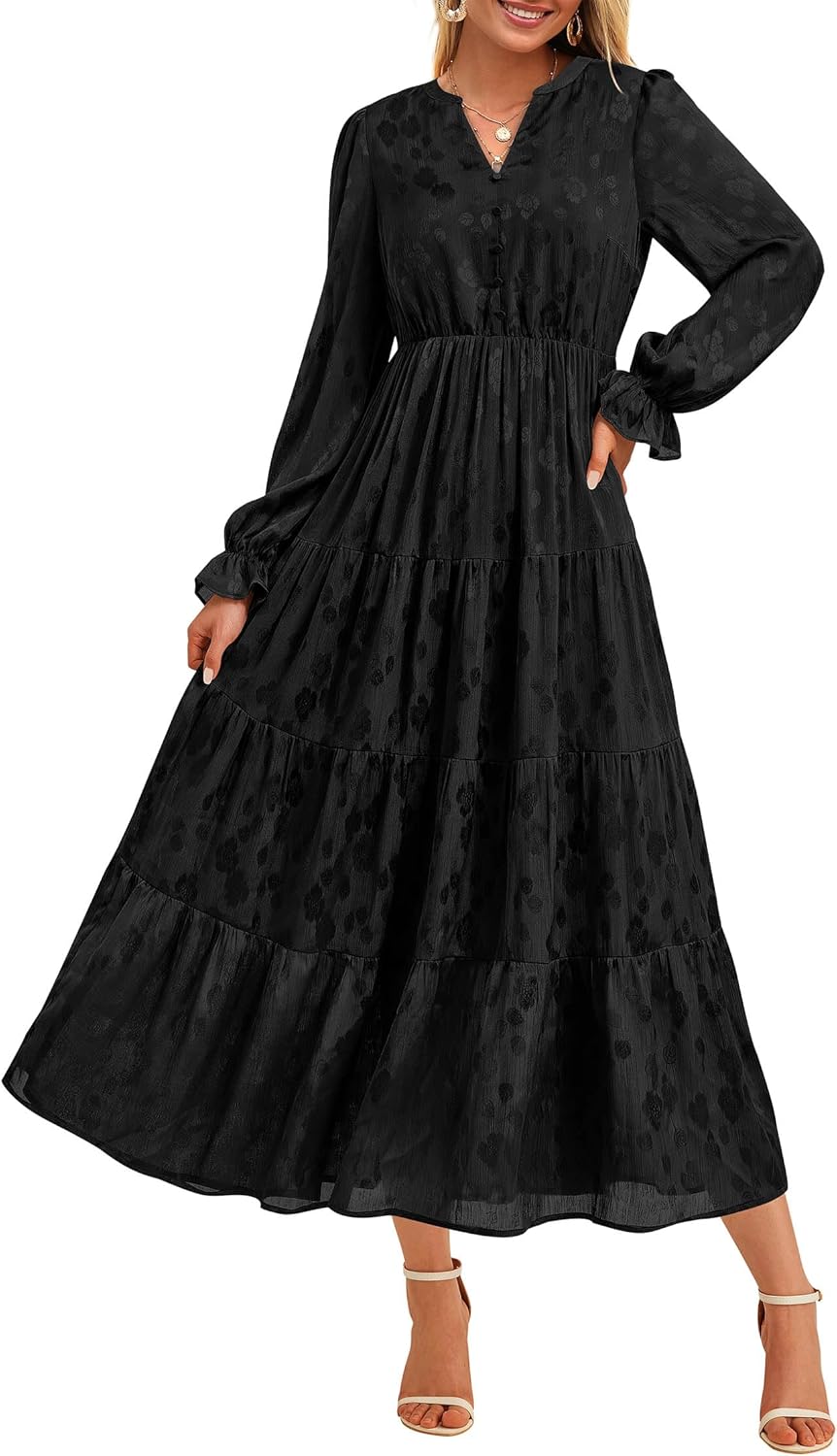 KIRUNDO Fall Wedding Guest Dresses for Women 2025 Maxi Long Sleeve Homecoming Elegant Winter Ruffle Tiered Flowy Long Dress