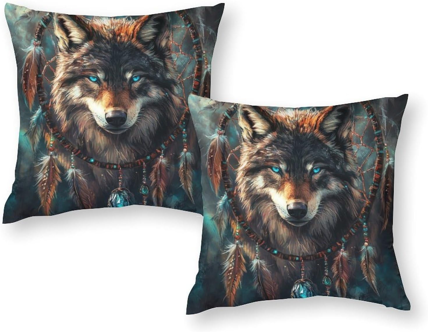 2 Packs Dream Catcher Wolf Throw Pillow Covers for Living Room, Mystical Feather Animal Pillow Covers Cushion Case for Couch Sofa Bed, 20x20 inch